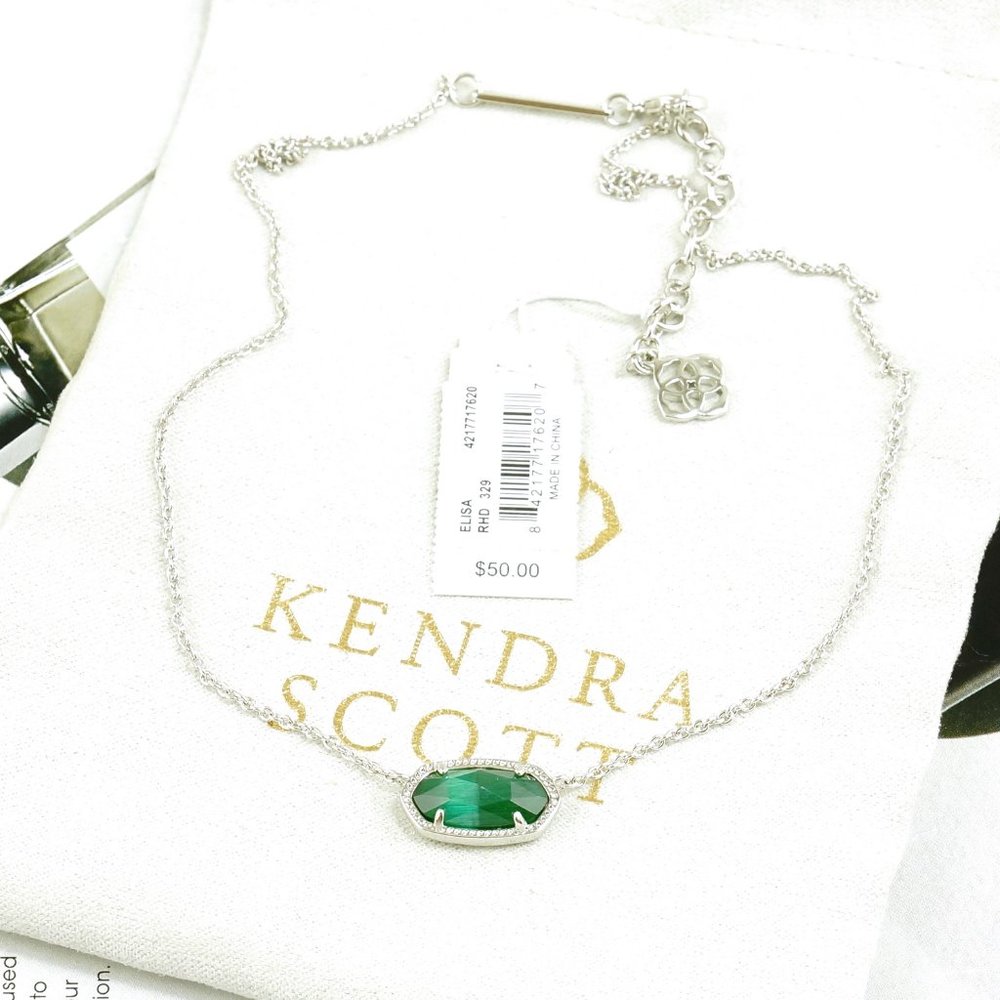 Kendra Scott Elisa Cat's eye Emerald Green necklace Silver Tone - Picture 3 of 5